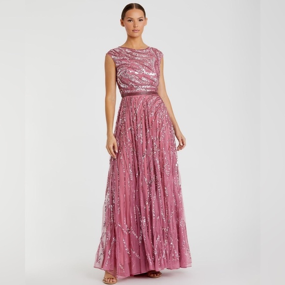 Mac Duggal Size 10 Pink 5445 Cap Sleeve Sequins Beaded Formal Prom Gown Dress - Picture 1 of 12